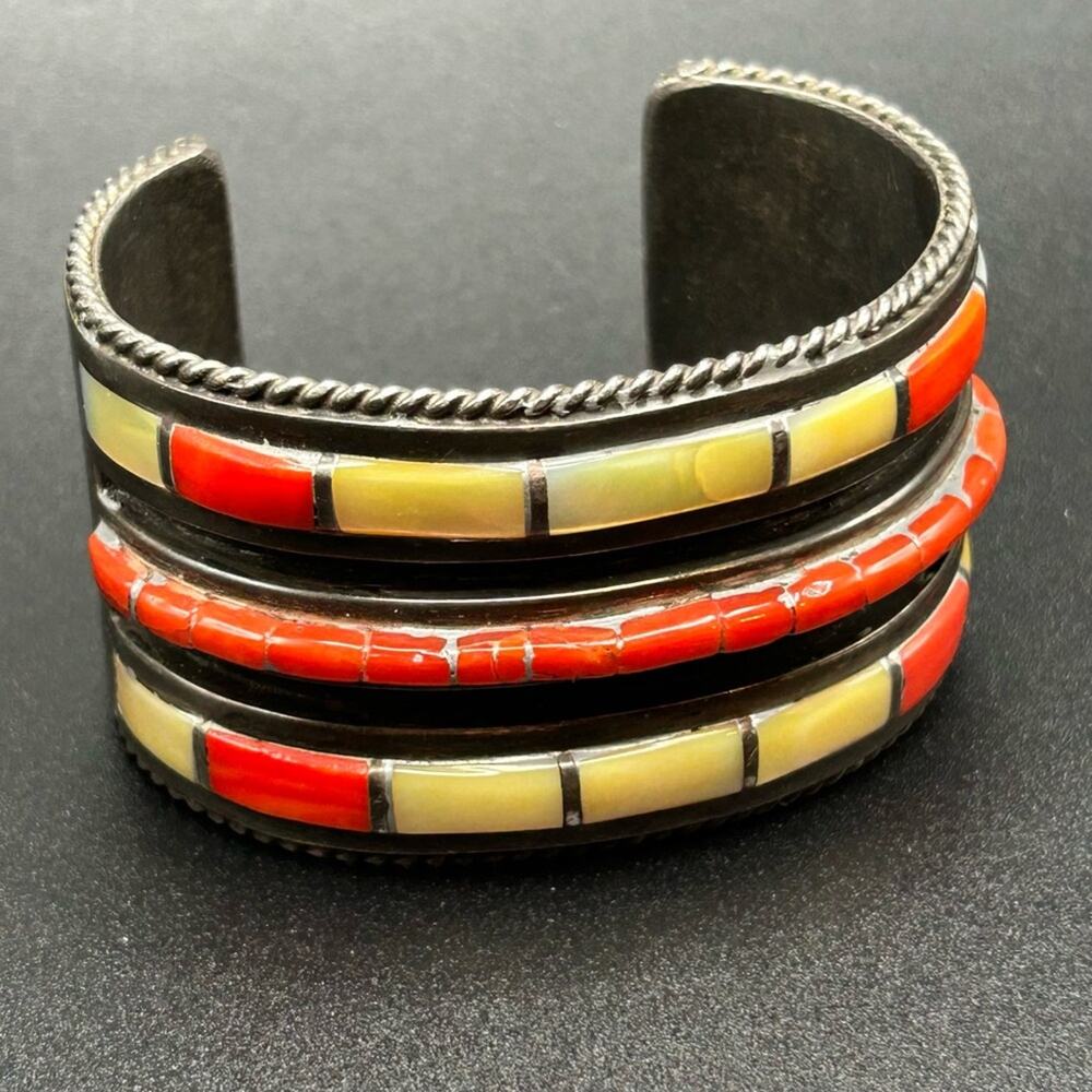 925 Sterling silver coral MOP inlay cuff bracelet #396 Native American Zuni 125g